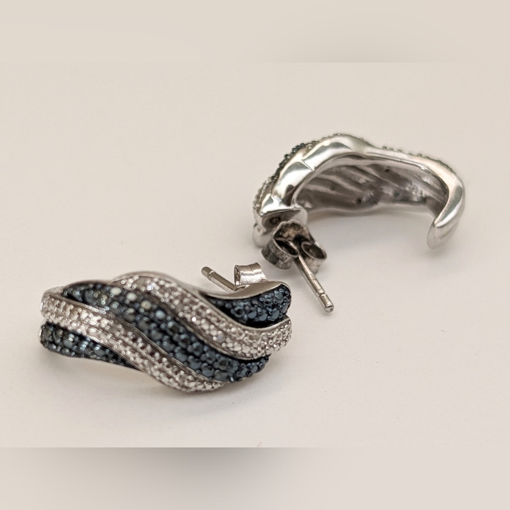 Sterling Silver Oxidized Rhodium Diamond Chip 0.8" J Hoop Earrings JWBR 925 - Picture 5 of 7